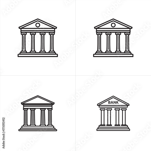 Vector art of four bank building icons, symbolizing financial institutions and security