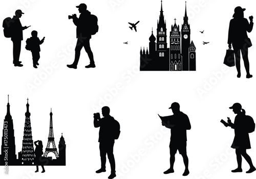 Tourist and landmark silhouettes, global travel vector, famous architecture icons, camera and backpack poses, map reading, black illustration, urban exploration concept