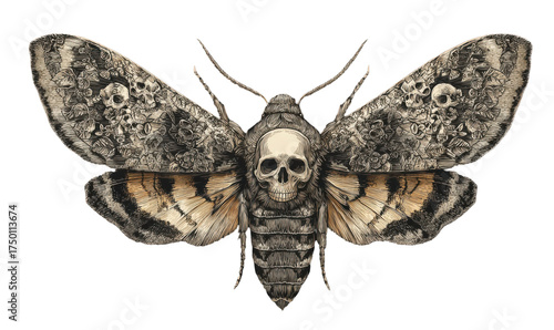 A detailed illustration of a Death's-head Hawkmoth, showcasing intricate patterns and a skull-like marking.