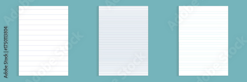 Grid paper set. Realistic blank lined paper sheet in A4 format. Striped background with color graph. Geometric pattern for school, wallpaper, textures, notebook. Lined blank on transparent background.