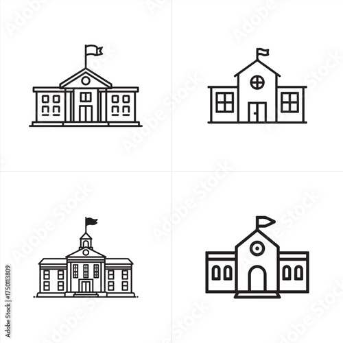 Vector art of collection of four simple line art icons representing different school buildings