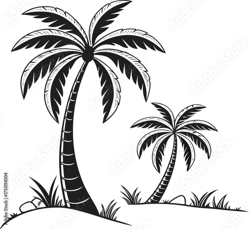Stylized black and white illustration of two palm trees on a sandy island. Vecor