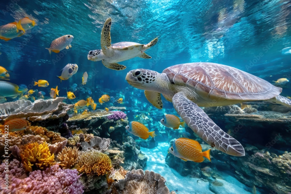 Obraz premium Sea Turtles Swimming Among Coral and Fish