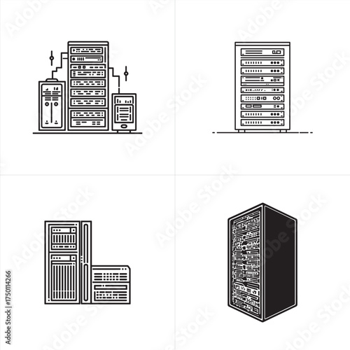 Vector art of collection of server racks and computer hardware