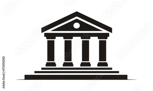 A simple black and white illustration of a classical building with columns and a triangular roof.