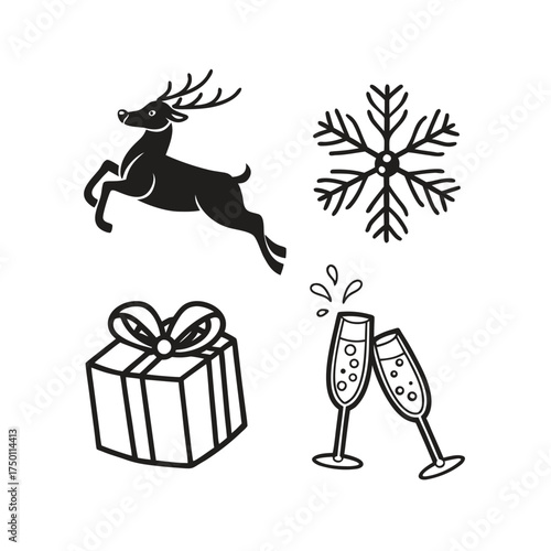 Festive christmas icons silhouette collection featuring reindeer snowflake gift champagne isolated on transparent background