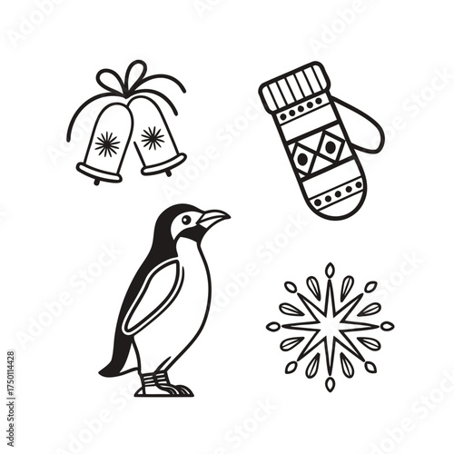 Four christmas winter icons penguin snowflake mitten bells festive symbols collection isolated on transparent background
