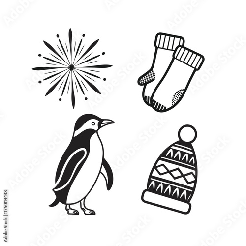 Cute penguin and winter accessories icons seamless pattern for festive holiday design isolated on transparent background