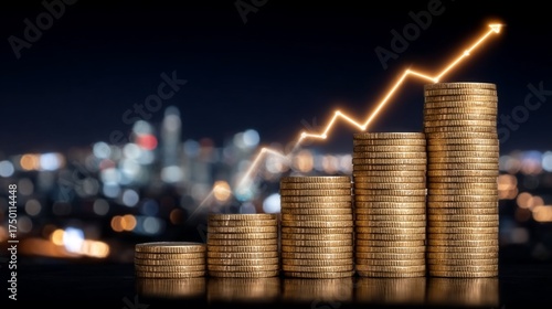 Stacks of golden coins with upward trending arrow against a blurred cityscape background
