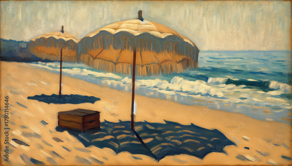 Naklejka premium Two Beach Umbrellas Painting in Warm Tones Representing Summer Vacation on the Coast