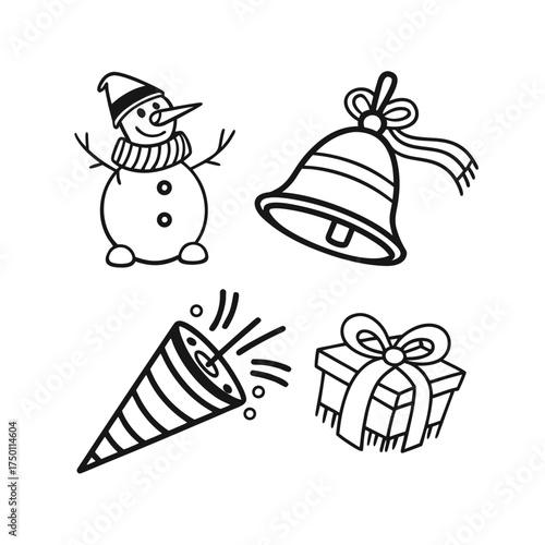 Four festive christmas icons line drawing set snowman bell present cone simple design isolated on transparent background
