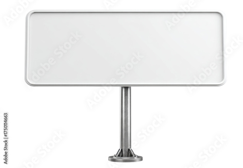 A blank, white rectangular sign with a silver pole and base, isolated on white.