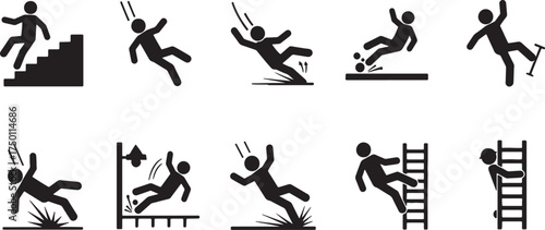 Collection of Black and White Icons Depicting Various Falling Hazards and Accidents danger warning on white background also transparent background