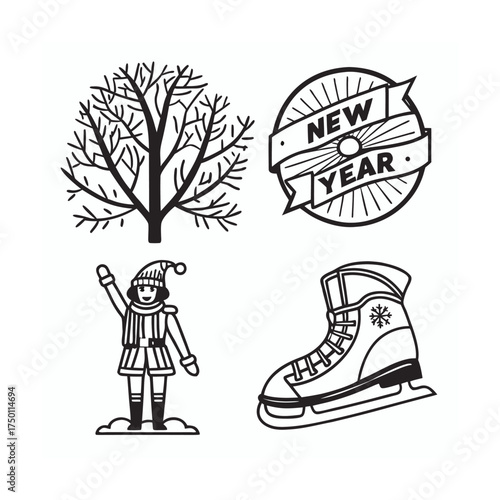 Winter holidays collection hand drawn icons featuring tree new year badge ice skate and festive character isolated on transparent background