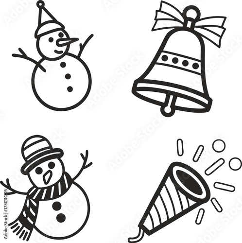 Four festive christmas icons snowman bell party popper confetti simple outline icons isolated on transparent background