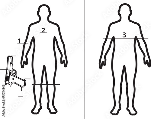 Human Silhouette Diagrams with Gun and Measurement Lines Keywords: human, silhouette, outline, figure, body, man, male, diagram, illustration, on white background also transparent background