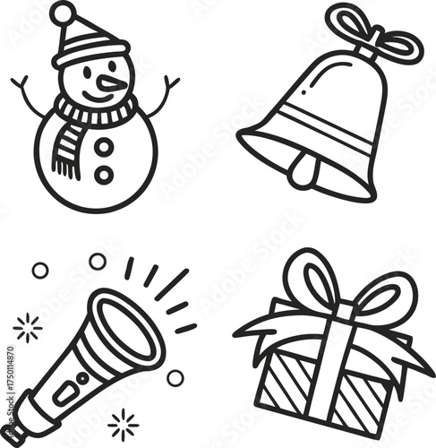 Christmas icons set snowman bell flashlight gift box outline design elements isolated on transparent background