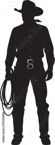 Silhouette of a cowboy holding a lasso rope western on white background also transparent background