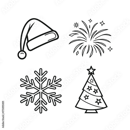 Simple christmas icons set santa hat snowflake christmas tree festive symbols isolated on transparent background