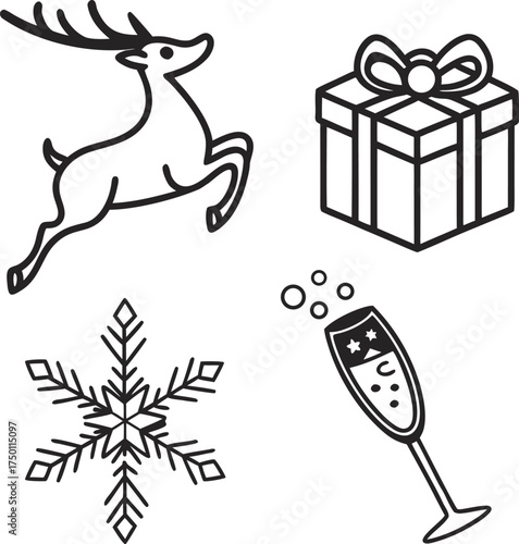 Christmas holiday icons set reindeer gift snowflake champagne glass minimalist outline style isolated on transparent background