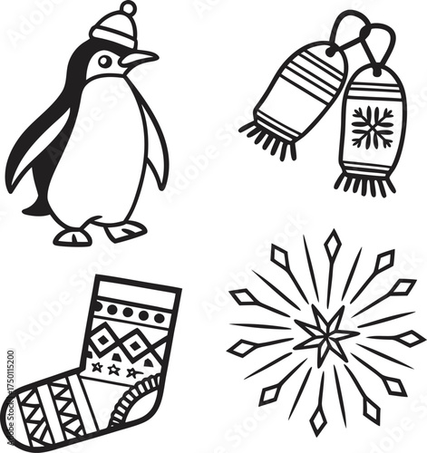 Christmas holiday icons penguin scarf stocking snowflake simple line art design isolated on transparent background