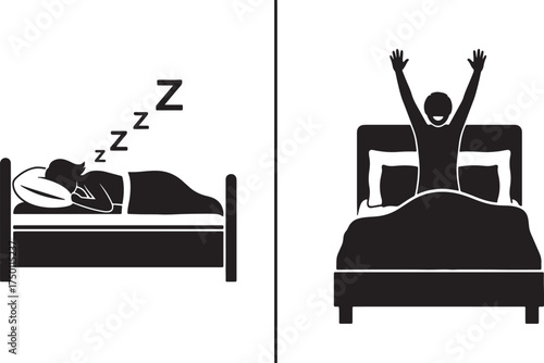 Two contrasting icons of a person in bed one sleeping and one waking up with arms raised Keywords: sleep, sleeping, bed, waking up, awake, morning, on white background also transparent background