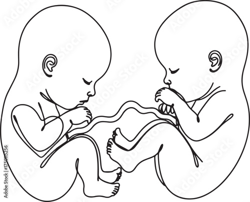Two fetuses in a womb connected by umbilical cords, line art illustration baby unborn on white background also transparent background
