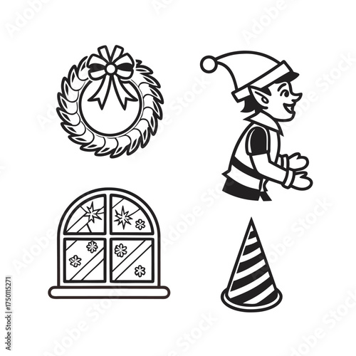 Christmas icons set festive holiday symbols including wreath stocking window and party hat isolated on transparent background