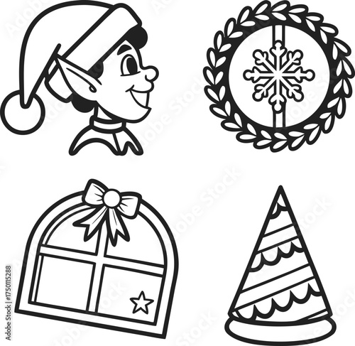 Festive christmas icons set outline graphics for holiday celebrations and decorations isolated on transparent background