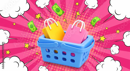 Retail sale pop art illustration of shopping basket with cash, a marketing concept for e-commerce promotion