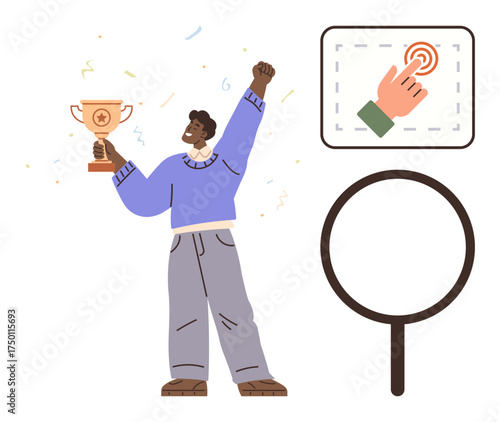 Person rejoicing with a trophy beside magnifying glass and red touch gesture. Ideal for success, achievement, recognition, motivation, analysis, choice, leadership. A simple flat metaphor
