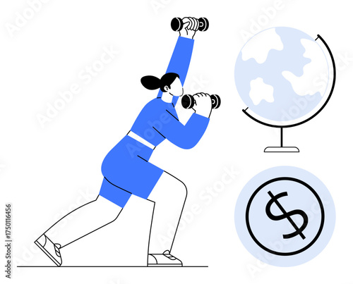 Woman in athletic attire lunges with dumbbells, globe and dollar sign beside her. Ideal for fitness, global challenges, financial balance, personal growth, motivation, sustainability success. Clean