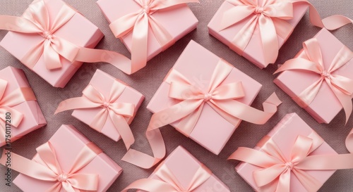 Pink gift boxes with satin ribbons on pastel fabric background