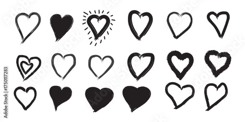 Collection of hand drawn heart shapes in various styles and filled or outline designs