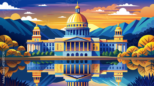 Very beautiful West Virginia State Capitol building, vector-style illustration with domed architecture, river reflections, and golden-hour glow.