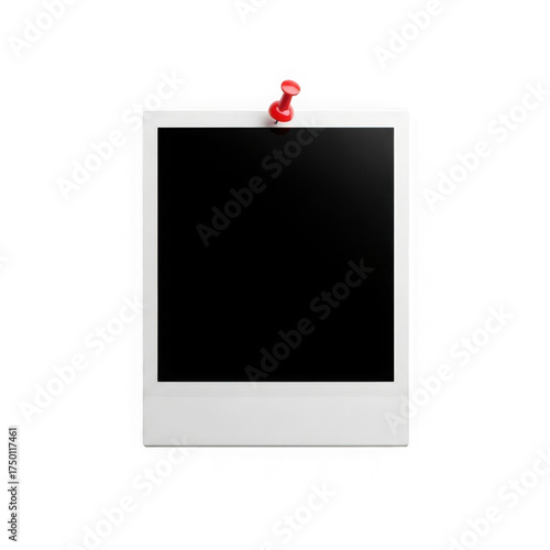 Instant memory capture a blank polaroid photo pinned with a vibrant red thumbtack ready for your personal touch.
