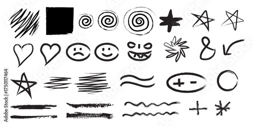 Collection of hand drawn black sketch elements including scribbles hearts smiley faces stars and abstract shapes on white background