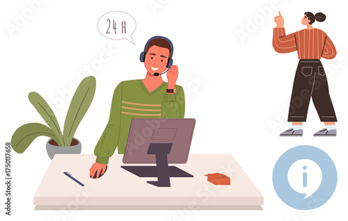Man in headset at desk with computer providing 247 customer support, plant on desk, colleague pointing. Ideal for business communication, support, teamwork, reliability, guidance, professionalism