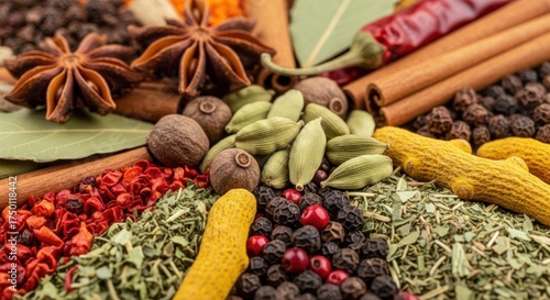 Aromatic Spice Medley: Star Anise, Cardamom, Turmeric, and Peppers in Rich Detail