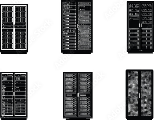 Modern server rack configurations, data center hardware layout, network infrastructure setup, IT equipment management, cloud storage system, technology background