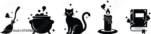Halloween silhouettes isolated on white background featuring a broom, cauldron, cat, candle, and book