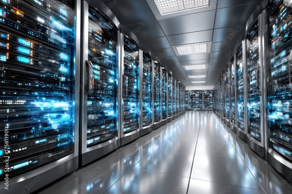 Obraz premium Server Room with Glowing Lights and Reflections
