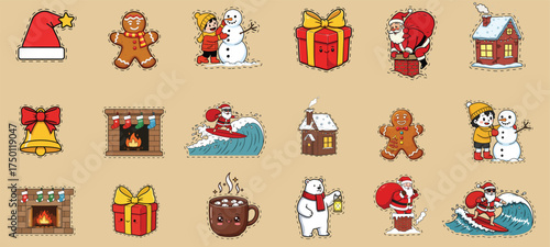 Collection of various christmas themed cartoon icons including santa, snowman, and gingerbread man isolated on tan background
