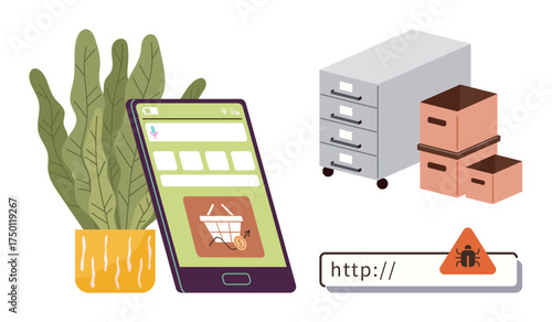 Smartphone with shopping cart app, file cabinet, boxes, and security warning in URL bar. Ideal for e-commerce, cybersecurity, online shopping, data organization technology software safety. Simple