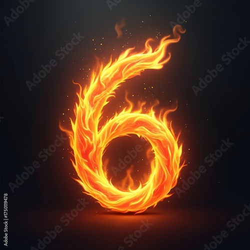 Illustration depicts the number six formed by vivid fire flames. Dynamic fiery numeral has bright orange and yellow colors. Fiery number glows on black background.