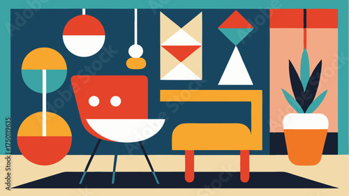 A midcentury modern style guide with bold geometric patterns vibrant primary colors sleek forms and iconic furniture pieces that celebrate retro charm.