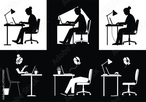 Remote work desk setup, silhouette office workers, computer workstation, home office lifestyle, virtual communication, productivity, headphones, modern workspace
