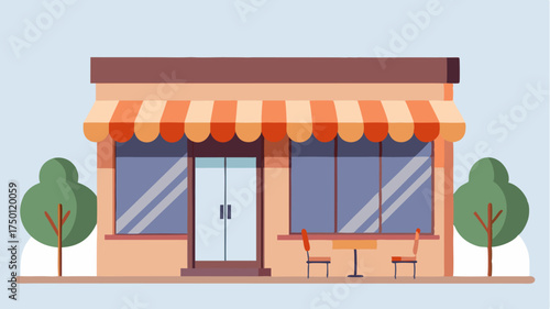 A spacious retail storefront with large display windows an inviting entrance and outdoor seating for a café.