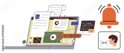Laptop displaying text documents, charts, multimedia files, HTML code, and notifications. Ideal for technology, online learning, coding, collaboration multimedia productivity and workflow