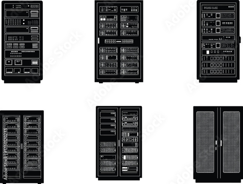 Server rack silhouette, data center equipment, network cabinet icons, IT infrastructure illustration, technology setup, black vector, isolated design, hardware